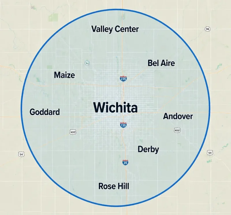 Service area map showing Wichita and surrounding communities served by Summit Home Improvement.